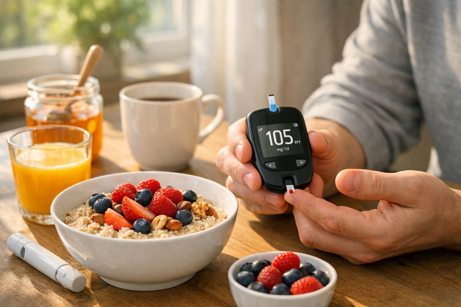 A person checking blood glucose levels at home using a modern glucometer device, with a healthy breakfast of oatmeal, berries and nuts on the table, morning sunlight coming through window, realistic photo style