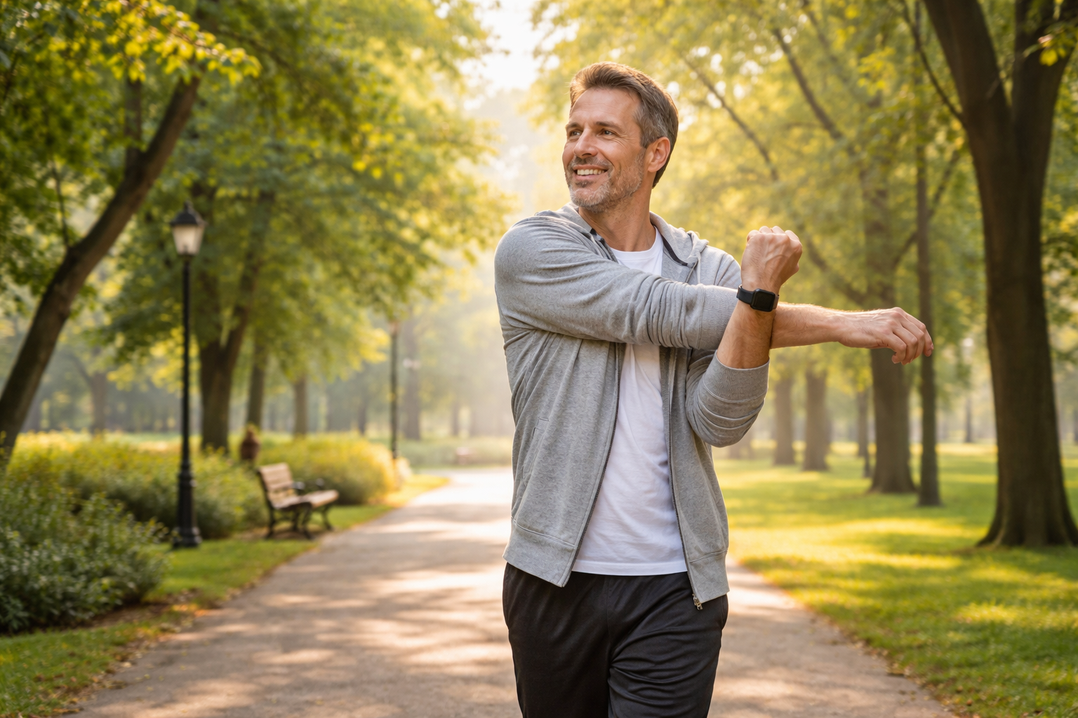 Middle-aged person doing light morning exercise in a peaceful park, walking and stretching, surrounded by green trees, soft morning light, healthy lifestyle concept, realistic photo